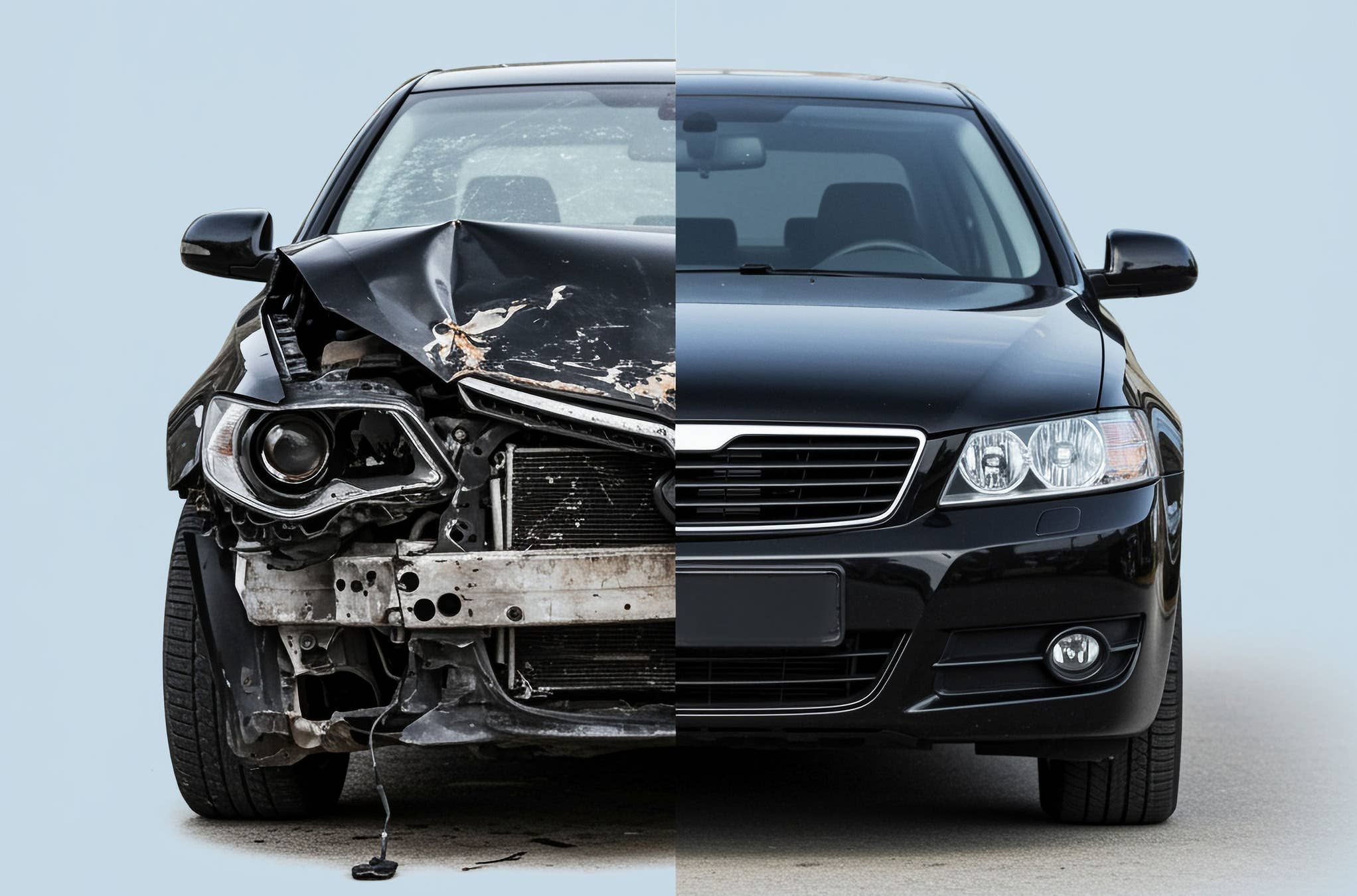 Split-screen image of a car badly-damaged on on side, fully repaired on the other.