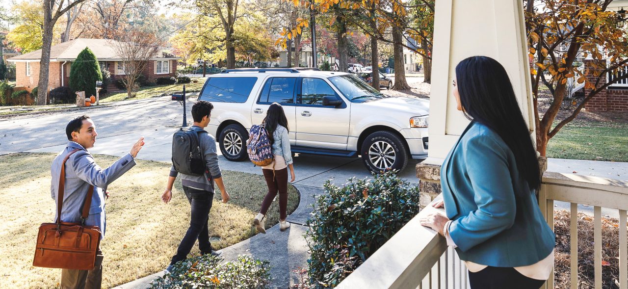 Family leaving the house for school and work