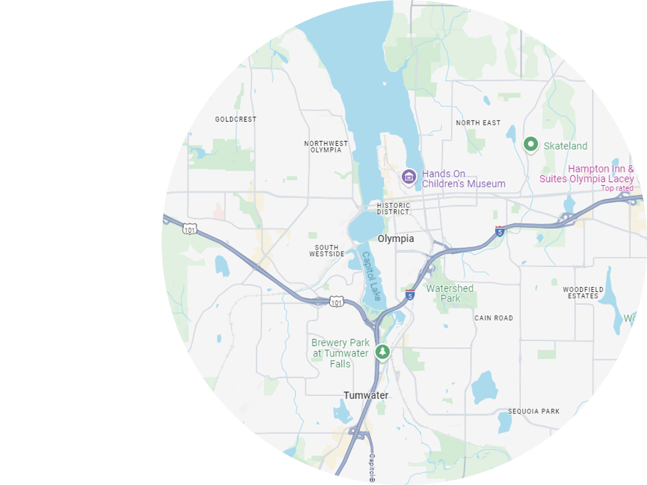 A map showcasing the Olympia area