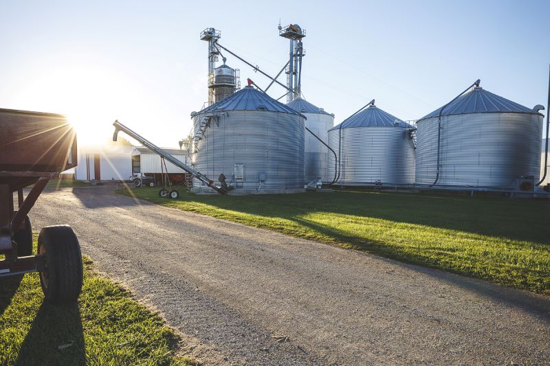 Four steel grain farm bins off a dirt road